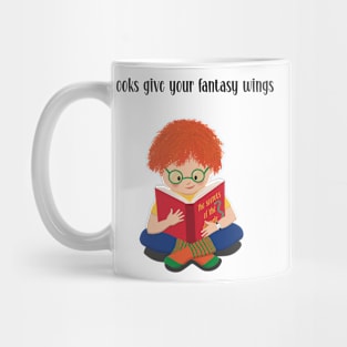 Books give your fantasy wings. The boy is totally focused on the story in the book. Mug